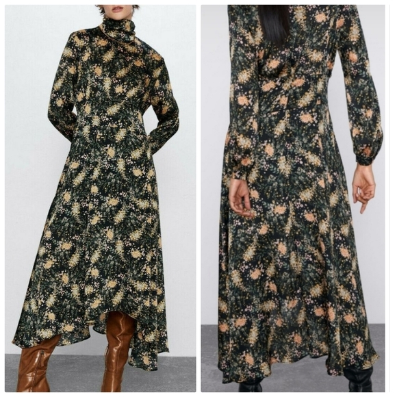 Zara Blogger FAV Floral Midi Dress high mock neck full A-line skirt curved hem S - Picture 2 of 12